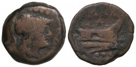 Triens. 211-206 a.C. ANÓNIMA. Anv.: Cabeza de Atenea con casco a derecha, cuatro puntos encima. Rev.: Proa de nave a derecha, encima ROMA, debajo cuat...