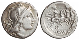 Denario. 200-190 a.C. ANÓNIMO. ROMA. Rev.: Dióscuros a caballo a derecha, debajo lechuza. En exergo: ROMA. Cal-32; FFC-43; Se-20v.