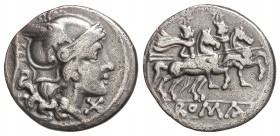 Denario. 210-208 a.C. ANÓNIMO. SICILIA. Anv.: Cabeza de Roma a derecha, entre rama de laurel y X. 3,64 grs. AR. Cal-16; FFC-55; Se-20t. MBC/MBC-.