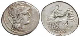Denario. 189-180 a.C. ANÓNIMO. Rev.: Diana en biga a derecha, debajo pájaro sobre TOD. 3,80 grs. AR. ESCASA. Cal-56; FFC-81; Se-35. MBC.