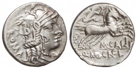 Denario. 117-116 a.C. CALIDIA-1. M. Calidius, Q. Caecilius y C. Fulvius. 3,95 grs. AR. Cal-298; FFC-223. MBC.