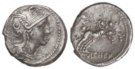 Denario. 110-109 a.C. CLAUDIA-1. C. Claudius Pulcher. Rev.: Victoria en biga a derecha. En exergo: C. PVLCHER. 3,93 grs. AR. Cal-424; FFC-565. MBC.
