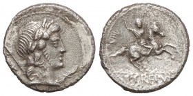 Denario. 82 a.C. CREPUSIA-1. Publius Crepusius. Rev.: Jinete con lanza a derecha, detrás VIII. 3,35 grs. AR. (Oxidaciones limpiadas). Cal-523; FFC-658...