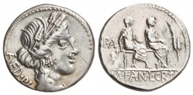 Denario. 86 a.C. CRITONIA-1a. L. Critonius y M. Fannius. Taller Auxiliar de Roma. Anv.: Cabeza laureada de espigas de Ceres a derecha. 3,99 grs. AR. (...