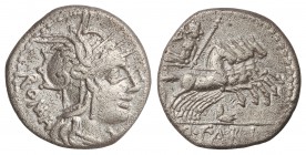Denario. 124 a.C. FABIA-1. Quinctus Fabius Labeo. NORTE DE ITALIA. 3,80 grs. AR. Metal poroso. Cal-571; FFC-697. (MBC).