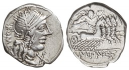Denario. 123 a.C. FANNIA-1. Marcius Fannius C. f. Taller Auxliar de Roma. 3,85 grs. AR. Cal-576; FFC-705. MBC.