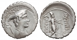 Denario. 82 a.C. MAMILIA-6. C. Mamilius Limetanus. Taller Auxiliar de Roma. Anv.: Busto de Mercurio a derecha, detrás caduceo, encima letra I. 3,60 gr...