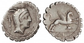 Denario. 79 a.C. PAPIA-1. L. Papius. Anv.: Cabeza de Juno Sospita a derecha, tocado con piel de ciervo, detrás símbolo. Rev.: Grifo a derecha, debajo ...