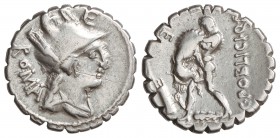 Denario. 80 a.C. POBLICIA-9. C. Poblicius Q. f. Taller Auxiliar de Roma. Anv.: Cabeza de Roma a derecha, encima E. Rev.: Hércules a izquierda estrangu...