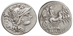 Denario. 101 a.C. SENTIA-1a. Lucius Sentius C. f. NORTE DE ITALIA. Rev.: Júpiter en cuadriga a derecha; encima los caballos A. En exergo: L. SENTI. C....