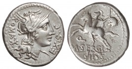 Denario. 116-115 a.C. SERGIA-1. M. Sergius Silus. NORTE DE ITALIA. 3,85 grs. Cal-1271; FFC-1111. MBC/MBC-.