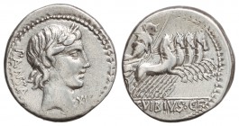 Denario. 90 a.C. VIBIA-1a. C. Vibius C. f. Pansa. TALLER AUXILIAR DE ROMA. Anv.: Cabeza laureada de Apolo a derecha, debajo la barbilla XI. 3,80 grs. ...