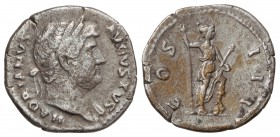 Denario . Acuñada el 125-128 d.C. ADRIANO . Anv.: HADRIANVS AVGVSTVS. Cabeza laureada a derecha. Rev.: COS. III. Roma en pie a derecha con lanza y par...