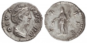 Denario. Acuñada el 141 d.C. FAUSTINA MADRE. Anv.: DIVA FAVSTINA. Busto diademado a derecha. Rev.: CERES, Ceres en pie a izquierda con antorcha y espi...
