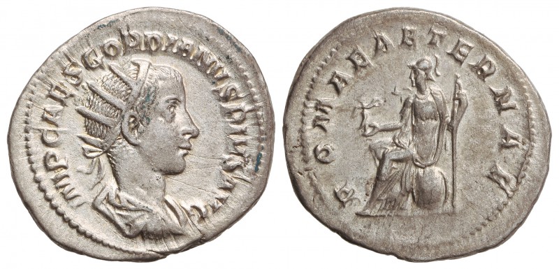 Antoniniano. Acuñada el 240 d.C. GORDIANO III. Rev.: ROMAE AETERNAE. Roma sentad...