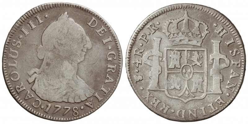 4 Reales. 1778. POTOSÍ. P.R. 12,72 grs. (Pequeñas rayitas). Cal-1182. MBC-.