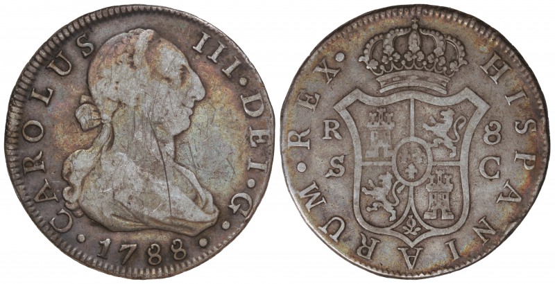 8 Reales. 1778. SEVILLA. C. 26,22 grs. (Rayas en anverso). Pátina irreguilar e i...