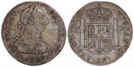4 Reales. 1789. GUATEMALA. M. 13,29 grs. Busto de Carlos III. (Golpecito en canto y leve rayita en anverso). Pátina irregular e irisada. RARA. Cal-911...