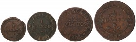 Lote 4 monedas 1/2, 1, 2 y 4 Quartos. 1808, 1809 y 1813. BARCELONA. Destacan 1/2 Quarto S/F y 2 Quartos 1808. A EXAMINAR. Cal-76, 87, 39, 99. MBC- .
