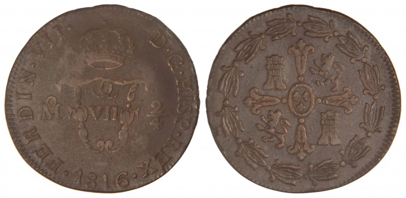 2 Quartos. 1816. MÉXICO. 6,89 grs. Cal-1621. MBC-.