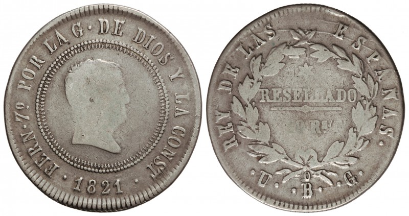 10 Reales. 1821. BILBAO. U.G. 12,61 grs. Módulo 4 Reales. Resellado. Cal-702. MB...