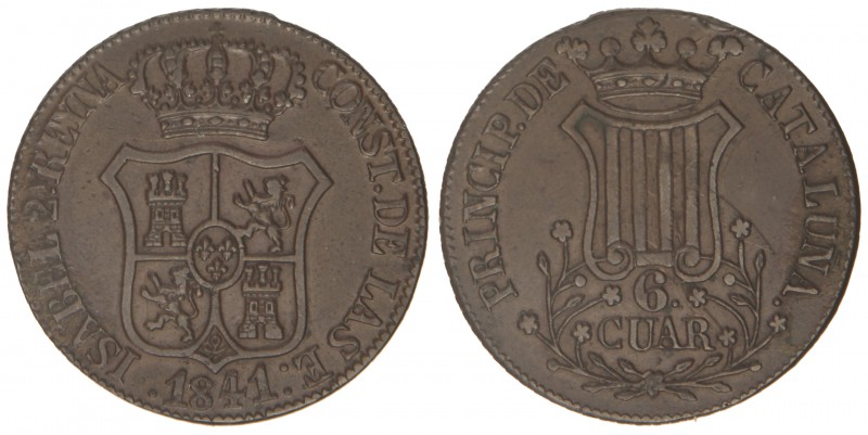 6 Cuartos. 1841. BARCELONA. 14,02 grs. Flores de 5 pétalos. (Pequeños golpecitos...