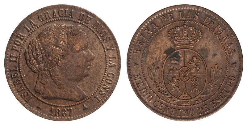 1/2 Céntimo de Escudo. 1867. SEGOVIA. O.M. 1,22 grs. (Manchita en reverso). Cal-...