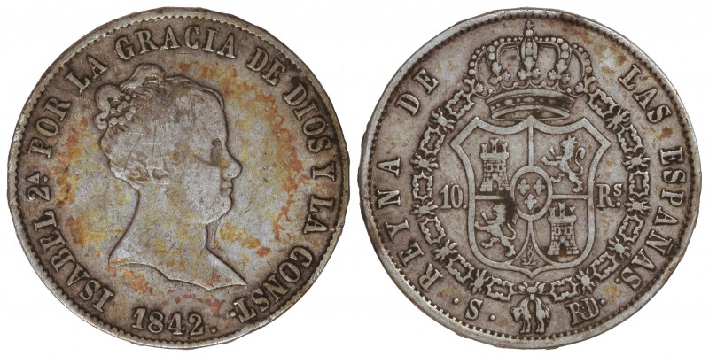 10 Reales. 1842. SEVILLA. R.D. 13,33 grs. (Leves golpecitos). Pátina irregular e...