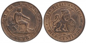 10 Céntimos. 1870. BARCELONA. O.M. Leves restos de color original. EBC.