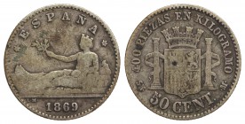 50 Céntimos. 1869 (*_-9). S.N.-M. BC+/MBC-.
