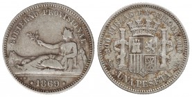 1 Peseta. 1869. S.N.-M. Leyenda GOBIERNO PROVISIONAL. MBC-.