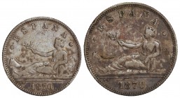 Lote 2 monedas 1 y 2 Pesetas. 1870. D.E.-M. 1 Peseta 1870 (*18-73) y 2 Pesetas 1870 (*18-75). Bonita pátina. MBC.