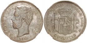 5 Pesetas. 1871 (*18-74). D.E.-M. Encapsulada por NN Coins (nº 2762879-063) como VF 35. Pátina. MBC+.