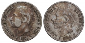 Lote 2 monedas 50 Céntimos. 1880 y 1885. Estrellas poco visibles. Pátina. MBC y EBC-.