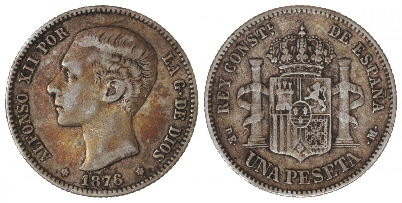 1 Peseta. 1876 (*18-76). D.E.-M. Pátina irregular e irisada de monetario antiguo...