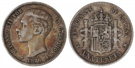 1 Peseta. 1876 (*18-76). D.E.-M. Pátina irregular e irisada de monetario antiguo en anverso. MBC.