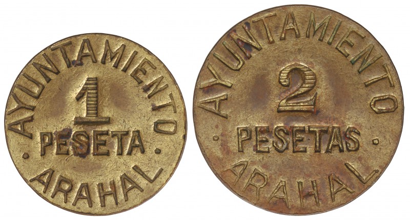 Lote 2 monedas 1 y 2 Pesetas. Ay. de ARAHAL. Latón. HG-231/232; Vti-L44/L45. EBC...