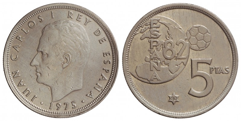 5 Pesetas. 1975 (*80). 5,75 grs. ERROR del Mundial. JBM-40.1.4. EBC-.