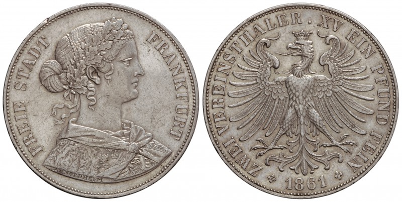 2 Thaler. 1861. FRANKFURT. 36,95 grs. AR. (Leves golpecitos en anverso). KM-365....