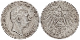 5 Marcos. 1903-A. GUILLERMO II. PRUSIA. 27,66 grs. AR. (Golpecitos). KM-523. MBC .