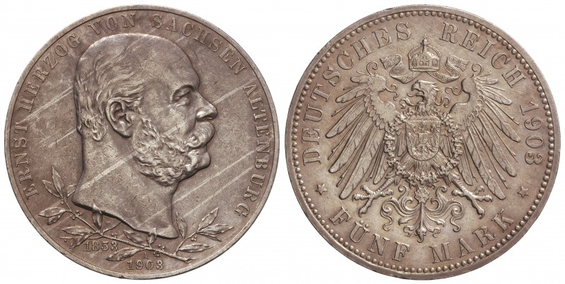 5 Marcos. 1903-A. ERNESTO I. SAXE ALTENBURG. 27,70 grs. AR. 50 aniversario reina...