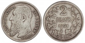 2 Francos. 1904. LEOPOLDO II. 9,90 grs. AR. KM-59. MBC.