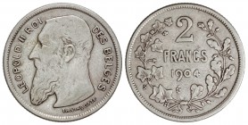 2 Francos. 1904. LEOPOLDO II. 9,89 grs. AR. KM-59. MBC.