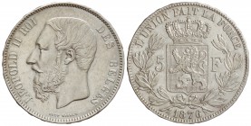 5 Francos. 1876. LEOPOLDO II. 24,90 grs. AR. (Rayitas). KM-24. EBC-.