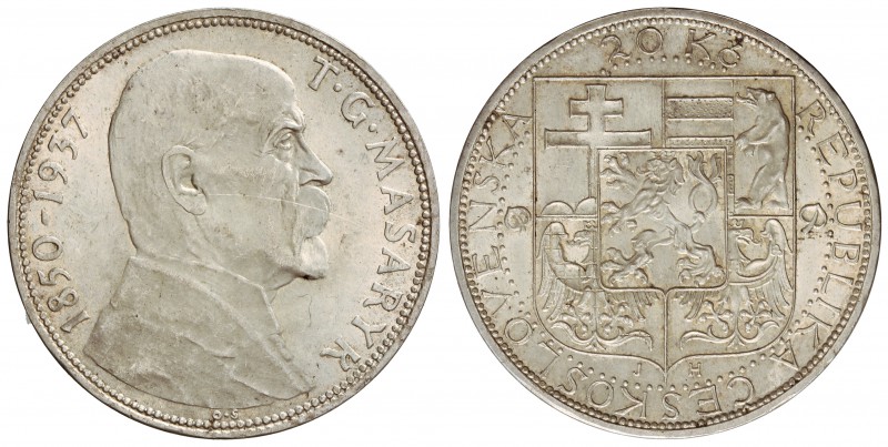 20 Korun. 1850-1937. 12,04 grs. AR. Muerte del Presidente Masaryk. KM-18. SC.