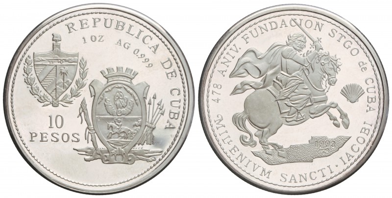 10 Pesos. 1993. 31,10 grs. AR. 478 aniversario Fundación Santiago de Cuba. Tirad...