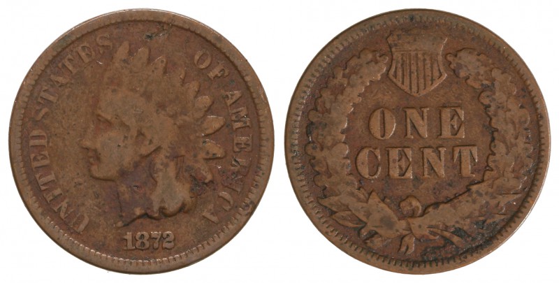 1 Centavo. 1872. 2,86 grs. Br. Tipo Indio. ESCASA. KM-90. BC+.