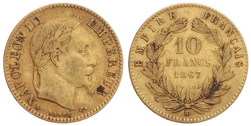 10 Francos . 1867-BB . NAPOLEÓN III . ESTRASBURGO . 3,18 grs. AU. Fr-587; KM-800...