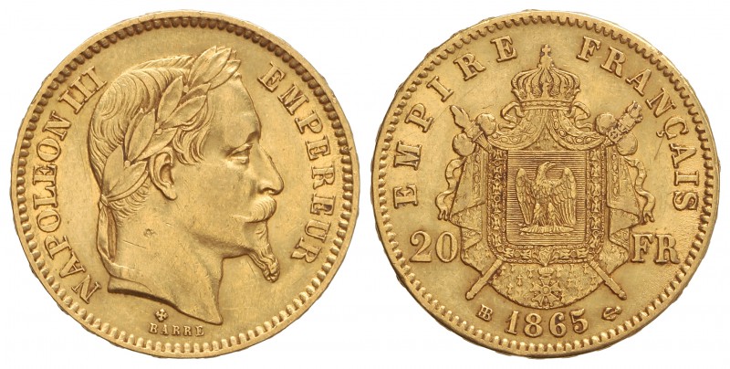 20 Francos . 1865-BB . NAPOLEÓN III . ESTRASBURGO . 6,44 grs. AU. Fr-585; KM-801...