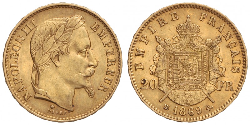 20 Francos . 1869-BB . NAPOLEÓN III . ESTRASBURGO . 6,42 grs. AU. Fr-585; KM-801...